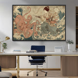 54879547-MGV-CV-36X24-Tsukioka Yoshitoshi Samurai Wall Art Print, Japanese Katana Warrior Canvas Wall Art, Octopus Sea Monster Canvas Print,