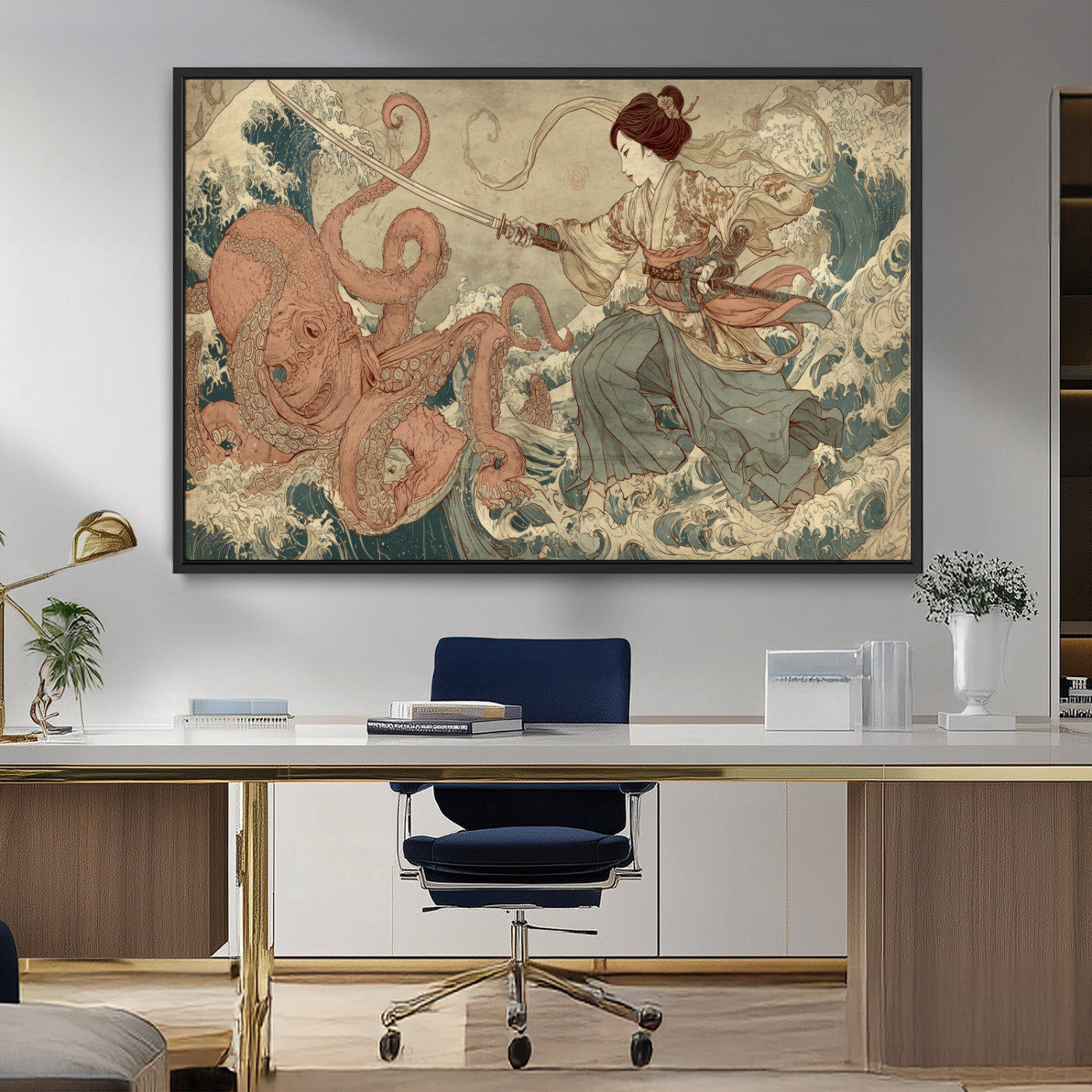 54879547-MGV-FC-36X24_Black-Samurai Woman Wall Art – Japanese Ukiyo-e Style Canvas Print with Katana and Octopus, Traditional Asian Inspired Battle Artwork