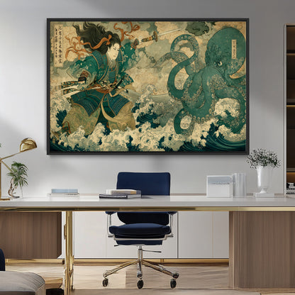 24416422-MGV-CV-36X24-Tsukioka Yoshitoshi Samurai Wall Art Print, Japanese Katana Warrior Canvas Wall Art, Octopus Sea Monster Canvas Print,