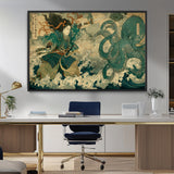 24416422-MGV-CV-36X24-Samurai vs Octopus Wall Art – Japanese Warrior Ocean Battle Canvas Print, Ukiyo e Inspired Decor for Home, Office, or Man Cave