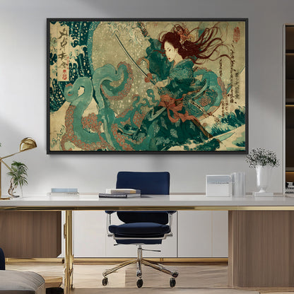 86918027-MGV-FC-36X24_Black-Samurai Warrior vs Octopus Wall Art – Japanese Ukiyo-e Ocean Battle Canvas Print, Traditional Samurai Artwork for Living Room,