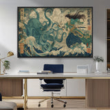 60346622-MGV-CV-36X24-Samurai Warrior vs Octopus Wall Art – Japanese Ukiyo-e Style Ocean Battle Canvas Print, Traditional Samurai Artwork for Living