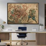 63782167-MGV-CV-36X24-Tsukioka Yoshitoshi Samurai Wall Art Print, Japanese Katana Warrior Canvas Wall Art, Octopus Sea Monster Canvas Print,