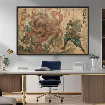 63782167-MGV-CV-36X24-Tsukioka Yoshitoshi Samurai Wall Art Print, Japanese Katana Warrior Canvas Wall Art, Octopus Sea Monster Canvas Print,