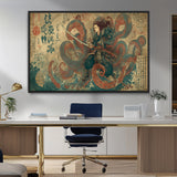98593115-MGV-FC-36X24_Black-Samurai Warrior vs Octopus Wall Art – Japanese Ukiyo-e Calligraphy Canvas Print, Ocean Battle Scene Artwork for Living Room,