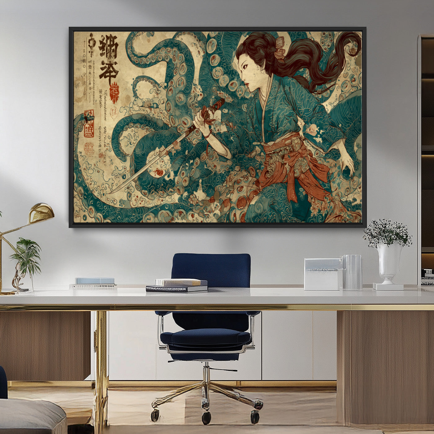 18575670-MGV-CV-36X24-Tsukioka Yoshitoshi Samurai Wall Art Print, Japanese Katana Warrior Canvas Wall Art, Octopus Sea Monster Canvas Print,