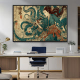 18575670-MGV-CV-36X24-Tsukioka Yoshitoshi Samurai Wall Art Print, Japanese Katana Warrior Canvas Wall Art, Octopus Sea Monster Canvas Print,