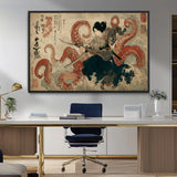 50812504-MGV-CV-36X24-Tsukioka Yoshitoshi Samurai Wall Art Print, Japanese Katana Warrior Canvas Wall Art, Octopus Sea Monster Canvas Print,
