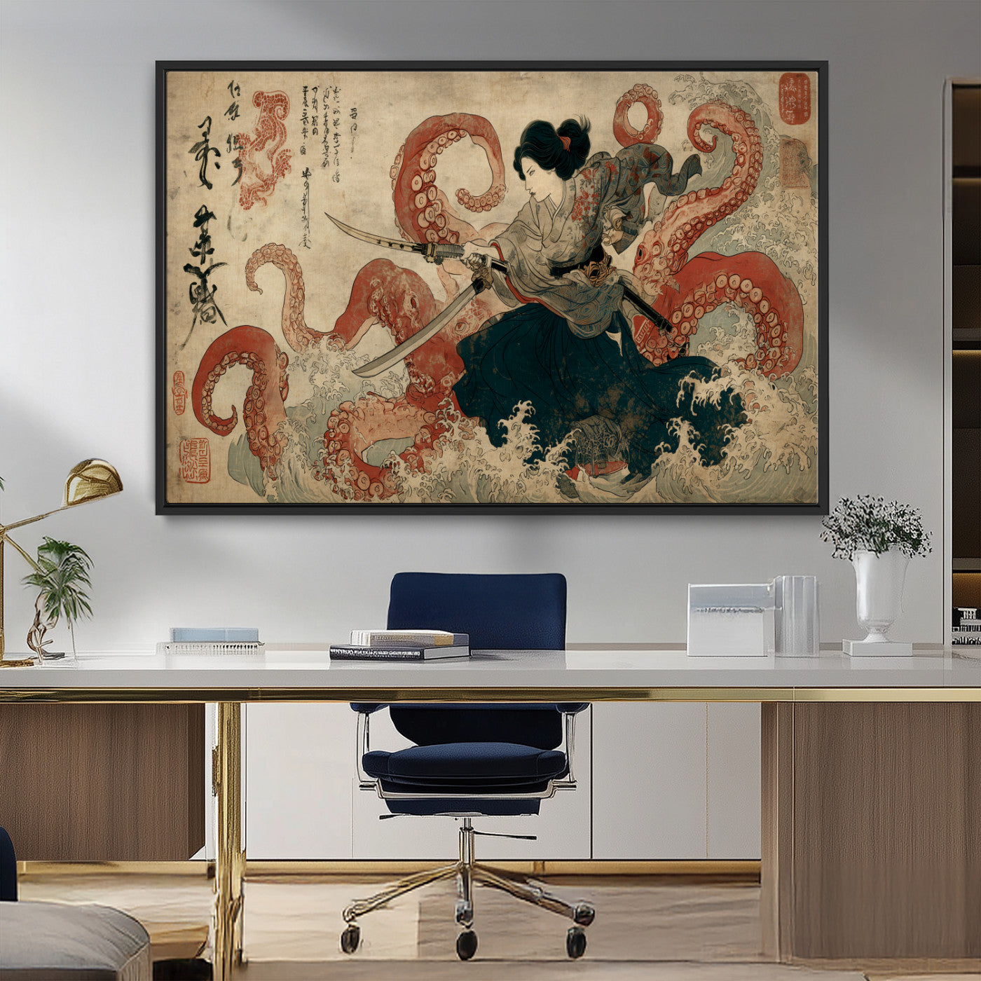 50812504-MGV-FC-36X24_Black-Samurai Woman vs Octopus Wall Art – Japanese Ukiyo-e Red Tentacle Canvas Print, Ocean Battle Artwork for Living Room, Office, Man