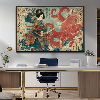 68844327-MGV-CV-36X24-Tsukioka Yoshitoshi Samurai Wall Art Print, Japanese Katana Warrior Canvas Wall Art, Octopus Sea Monster Canvas Print,