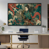 35461724-MGV-FC-36X24_Black-Samurai Woman vs Octopus Wall Art – Japanese Ukiyo-e Ocean Waves Canvas Print, Red Tentacle Battle Artwork for Living Room,