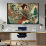 63377977-MGV-CV-36X24-Tsukioka Yoshitoshi Samurai Wall Art Print, Japanese Katana Warrior Canvas Wall Art, Octopus Sea Monster Canvas Print,