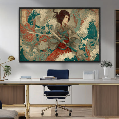 63377977-MGV-CV-36X24-Tsukioka Yoshitoshi Samurai Wall Art Print, Japanese Katana Warrior Canvas Wall Art, Octopus Sea Monster Canvas Print,