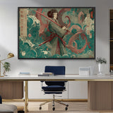 91666601-MGV-CV-36X24-Samurai Woman vs Octopus Wall Art – Japanese Ukiyo-e Green Robe Canvas Print, Ocean Battle Artwork for Living Room, Office, Man