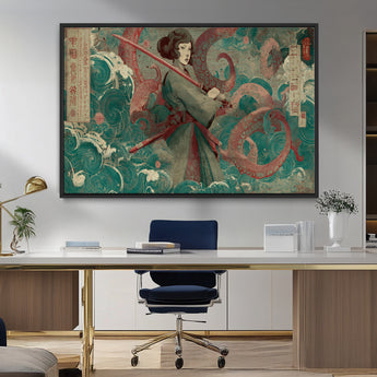 91666601-MGV-CV-36X24-Samurai Woman vs Octopus Wall Art – Japanese Ukiyo-e Green Robe Canvas Print, Ocean Battle Artwork for Living Room, Office, Man