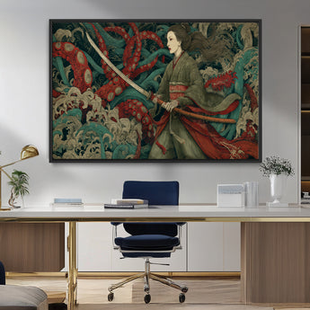 18902796-MGV-FC-36X24_Black-Samurai Woman vs Octopus Wall Art – Japanese Ukiyo-e Green Kimono Canvas Print, Ocean Battle Scene Artwork for Living Room,