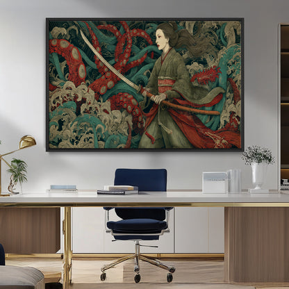 18902796-MGV-FC-36X24_Black-Samurai Woman vs Octopus Wall Art – Japanese Ukiyo-e Green Kimono Canvas Print, Ocean Battle Scene Artwork for Living Room,