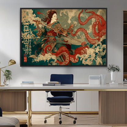 60201267-MGV-CV-36X24-Samurai Woman vs Octopus Wall Art – Japanese Ukiyo-e Armor Canvas Print, Red Tentacle Ocean Battle Artwork for Living Room,