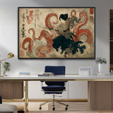 82737246-MGV-FC-36X24_Black-Samurai Woman vs Octopus Wall Art – Japanese Ukiyo-e Dual Sword Canvas Print, Red Tentacle Ocean Battle Artwork for Living Room,