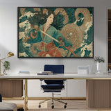 79740258-MGV-CV-36X24-Tsukioka Yoshitoshi Samurai Wall Art Print, Japanese Katana Warrior Canvas Wall Art, Octopus Sea Monster Canvas Print,