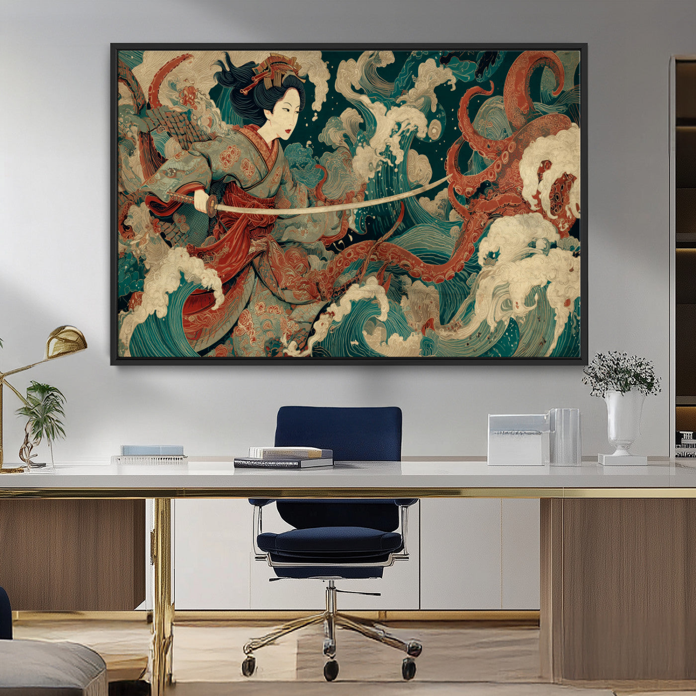 30212982-MGV-FC-36X24_Black-Samurai Woman vs Octopus Wall Art – Japanese Ukiyo-e Style Warrior and Sea Monster Canvas Print, Mythology Inspired Artwork for