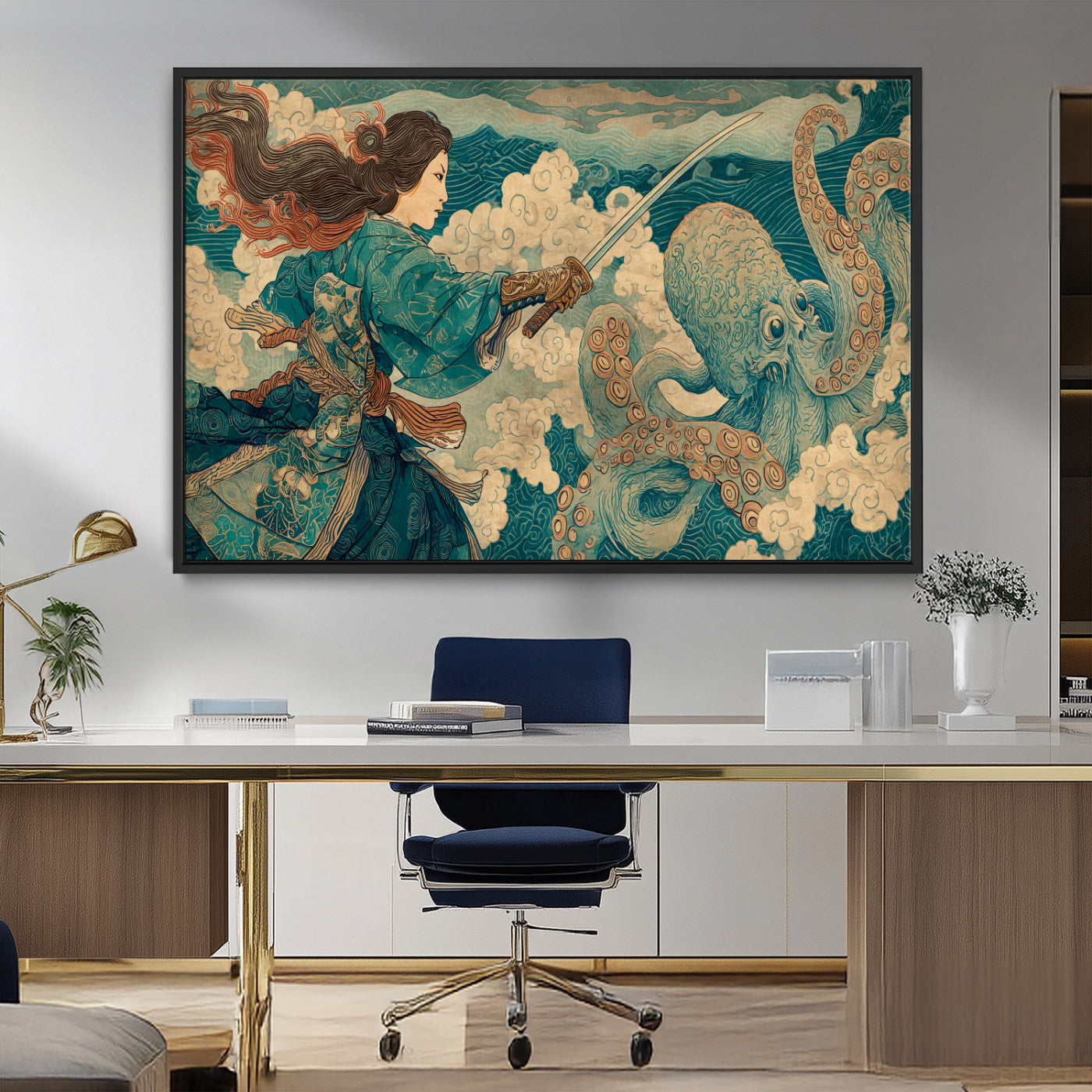 99764195-MGV-FC-36X24_Black-Samurai vs Octopus Wall Art – Japanese Ukiyo-e Style Warrior and Sea Monster Canvas Print, Mythology Inspired Artwork for Living