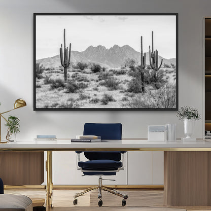 97436PHN-MGV-CV-36X24-Desert Landscape Wall Art – Black and White Cactus and Mountain Canvas Print, Southwestern Nature Photography for Living Room,