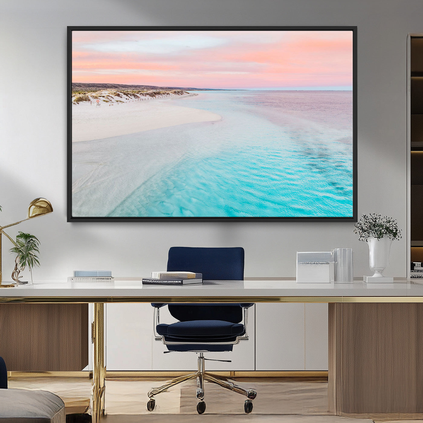 41613614-MGV-FC-36X24_Black-Beach Sunset Wall Art – Pastel Ocean Canvas Print, Turquoise Water and Pink Sky Photography Decor for Bedroom, Living Room, Office