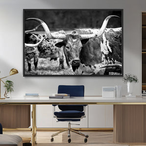 15425553-MGV-FC-36X24_Black-Western Wall Art – Longhorn Cattle Black and White Canvas Print, Rustic Ranch Photography Decor for Bedroom, Living Room, Office,