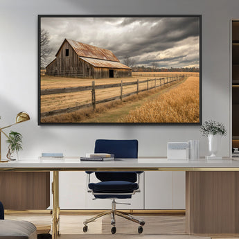 21991117-MGV-FC-36X24_Black-Rustic Barn Wall Art – Weathered Farmhouse Canvas Print, Stormy Sky and Golden Field Photography Decor for Bedroom, Living Room,