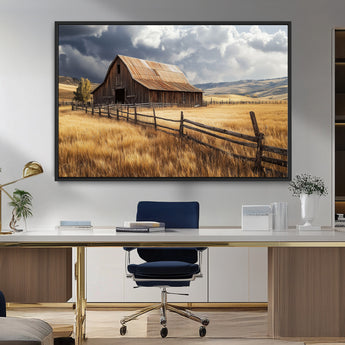 23718739-MGV-FC-36X24_Black-Farmhouse Wall Art – Rustic Barn and Golden Wheat Field Canvas Print, Country Landscape Photography Decor for Bedroom, Living