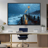 93793246-MGV-FC-36X24_Black-Stormy Night Pier Canvas Wall Art – Moody Ocean Landscape with Lights, Blue Coastal Seascape Print for Bedroom, Living Room,