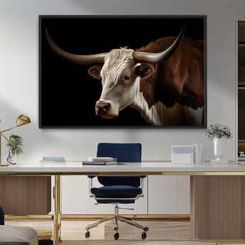 27414857-MGV-CV-36X24-Texas Longhorn Bull Canvas Wall Art – Rustic Western Farmhouse Decor, Brown & White Cow Portrait, Animal Print for Ranch Home
