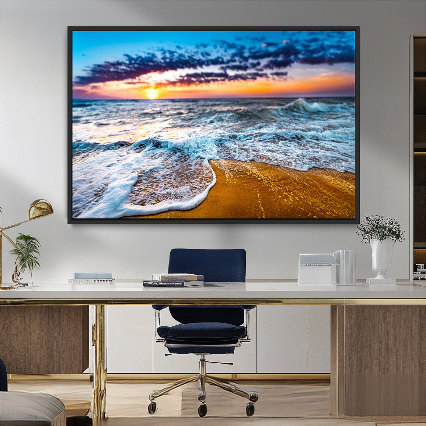 24077769-MGV-FC-36X24_Black-Sunset Beach Wall Art – Ocean Waves Canvas Print, Golden Shoreline Photography Coastal Decor for Living Room, Bedroom, Office,
