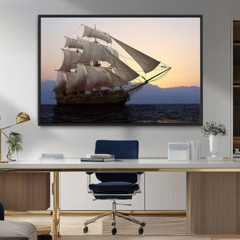 99957679-MGV-FC-36X24_Black-Majestic Sailing Ship Wall Art – Sunset Ocean Voyage, Classic Tall Ship with Wind Filled Sails Canvas Print for Home, Office,