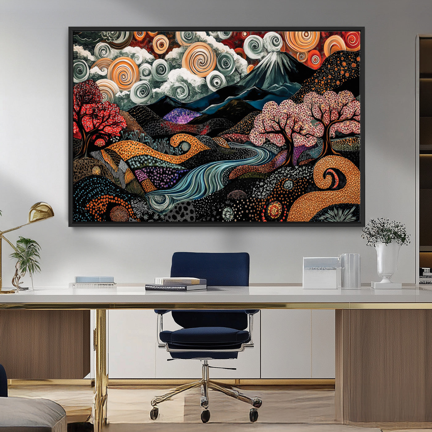 12680299-MGV-CV-36X24-Abstract Landscape Wall Art – Whimsical Swirling Sky Mountain Print with Cherry Blossoms and Colorful Dreamlike Nature Artwork for