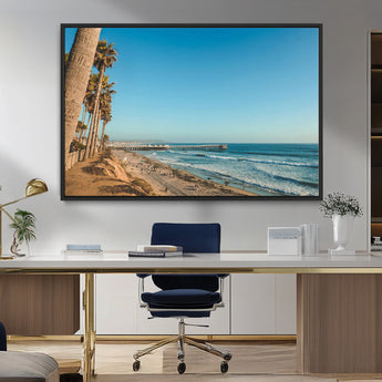 92568259-MGV-CV-36X24-California Beach Wall Art – Palm Tree Pier Canvas Print, Coastal Ocean Photography Seaside Decor for Living Room, Bedroom, Office,
