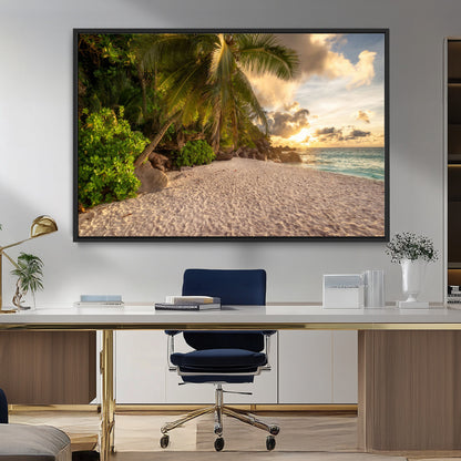 89531159-MGV-CV-36X24-Tropical Beach Sunset Canvas Wall Art – Palm Trees Golden Sand Ocean Waves Coastal Paradise Print for Beach House Bedroom Bathroom