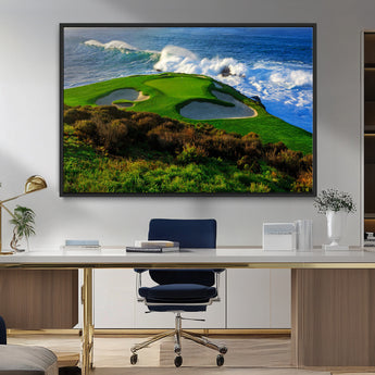 13644055-MGV-FC-36X24_Black-Golf Wall Art – Oceanfront Green Canvas Print, Scenic Coastal Course Photography Decor for Bedroom, Living Room, Office, Sports
