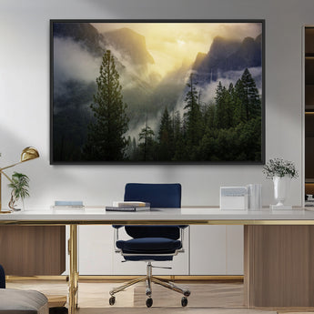 38316884-MGV-CV-36X24-Landscape Wall Art – Misty Mountain Valley Canvas Print, Scenic Pine Forest and Sunrise Photography Decor for Bedroom, Living