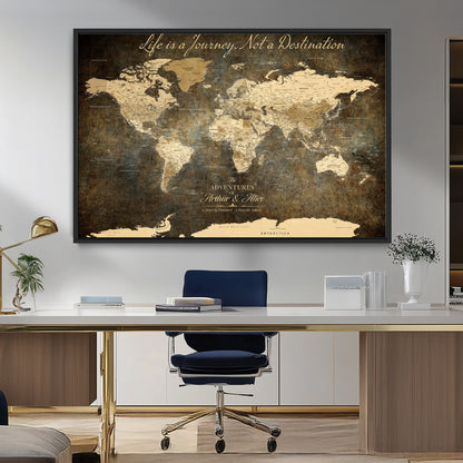 13394308-MGV-FC-36X24_Black-Personalized World Map Wall Art – Dark Rustic Vintage Adventure Travel Map with Custom Couple Names, Timeless Wall Decor for Home
