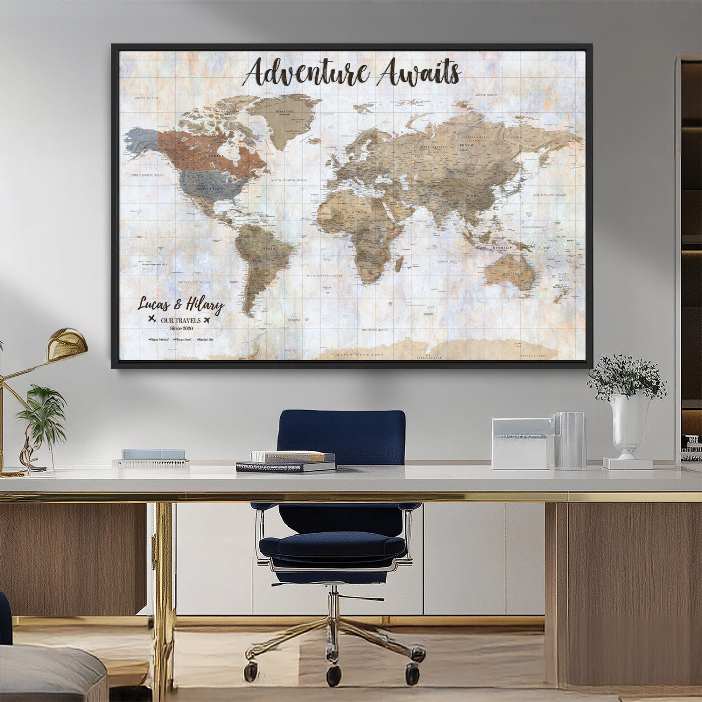 30792405-MGV-FC-36X24_Black-Personalized World Map Wall Art – Rustic Beige Adventure Travel Map with Custom Couple Names, Vintage Wall Decor for Home or