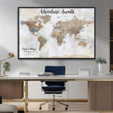 30792405-MGV-FC-36X24_Black-Personalized World Map Wall Art – Rustic Beige Adventure Travel Map with Custom Couple Names, Vintage Wall Decor for Home or