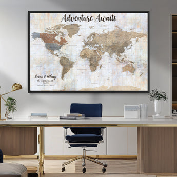 30792405-MGV-FC-36X24_Black-Personalized World Map Wall Art – Rustic Beige Adventure Travel Map with Custom Couple Names, Vintage Wall Decor for Home or