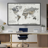 97082026-MGV-FC-36X24_Black-Personalized World Map Wall Art – Vintage Gray Adventure Travel Map with Custom Couple or Family Names, Rustic Wall Decor for Home