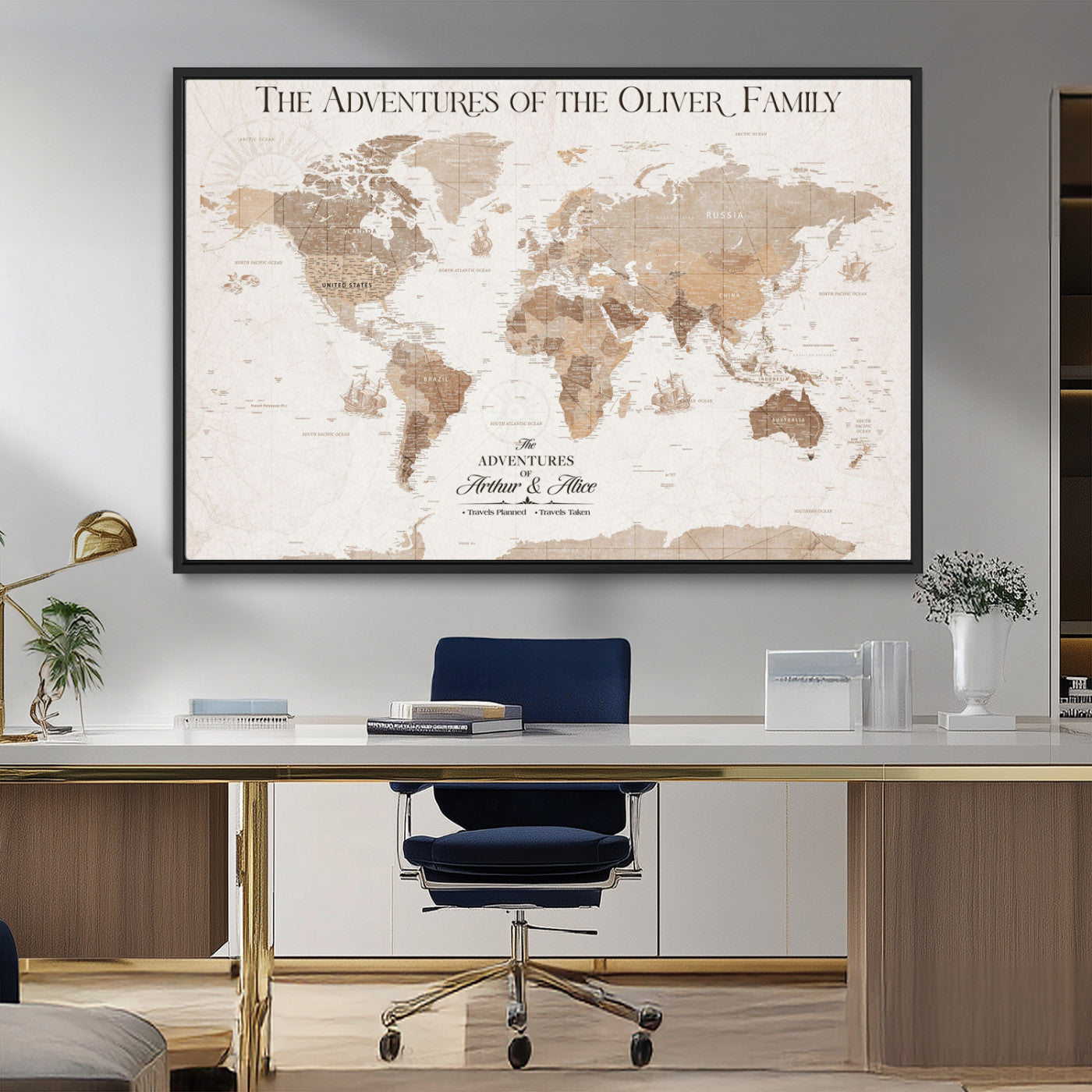 43869621-MGV-CV-36X24-Personalized World Map Wall Art – Light Beige Sepia Adventure Travel Map with Custom Family or Couple Names, Rustic Wall Decor for