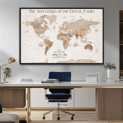 43869621-MGV-CV-36X24-Personalized World Map Wall Art – Light Beige Sepia Adventure Travel Map with Custom Family or Couple Names, Rustic Wall Decor for