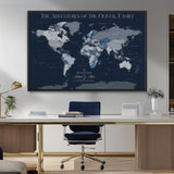 76726424-MGV-CV-36X24-Personalized World Map Wall Art – Navy Blue & Grey Adventure Travel Map with Custom Family or Couple Names, Modern Wall Decor for