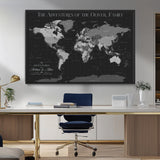 46064114-MGV-FC-36X24_Black-Personalized World Map Wall Art – Black & Grey Adventure Travel Map with Custom Family or Couple Names, Modern Wall Decor for Home