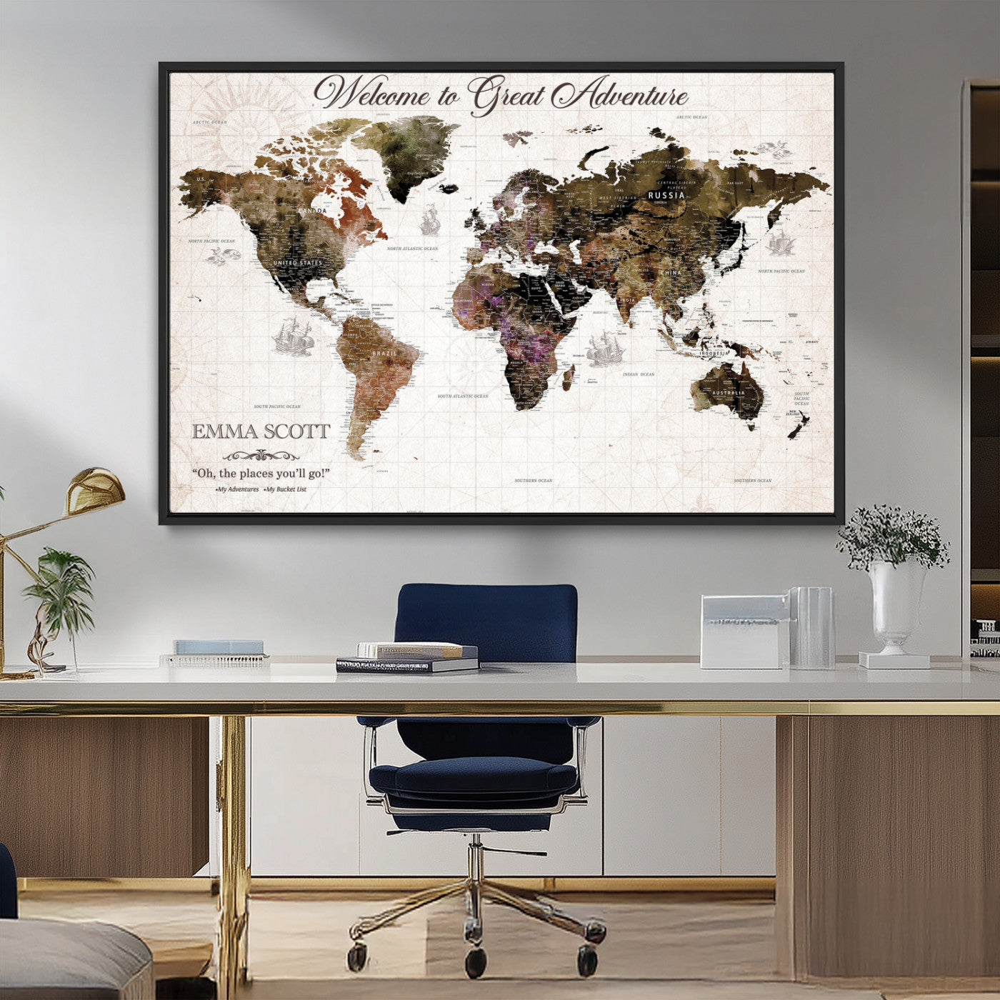 33631532-MGV-FC-36X24_Black-Personalized World Map Wall Art – Dark Vintage Adventure Travel Map with Custom Names, Rustic Wall Decor for Couples, Home or